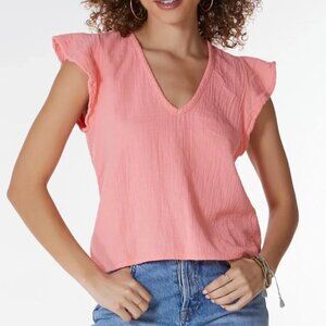 Bobi Women Cotton‎ Top Small Pink Ruffle Sleeve Gauze Summer V-Neck Picnic